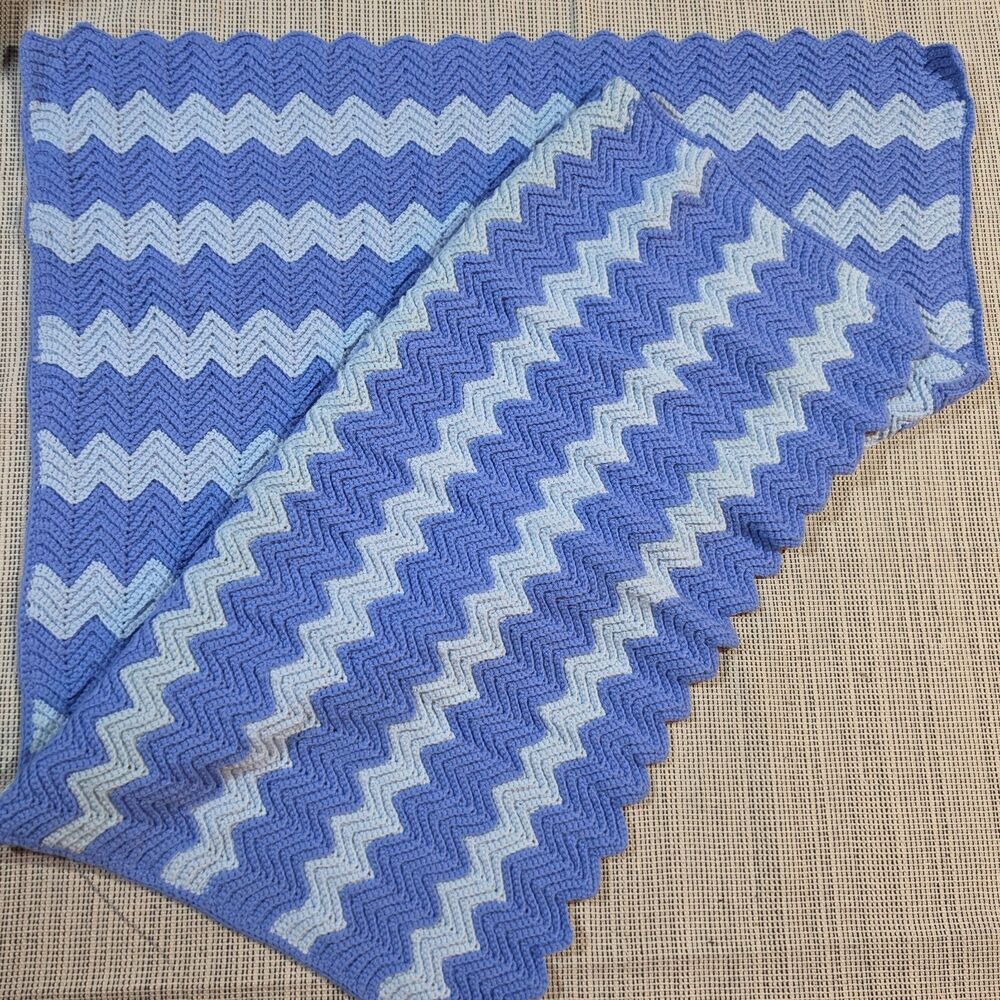 Vintage Wool Crochet Chevron Afghan Blanket 58x38” Blue Indigo Waves Retro Throw